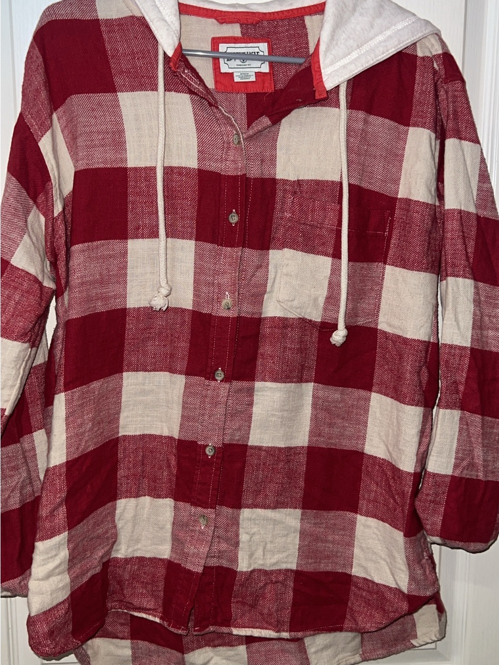 American Eagle Men's Red & Cream Plaid Hooded Button-Up Shirt